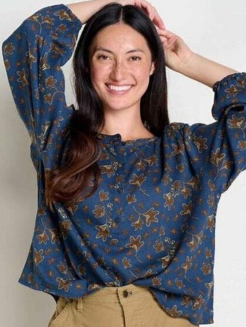 Horny Toad & Co Manzana Long Sleeve Peasant Top  Midnight Leaf Print NWT Size L